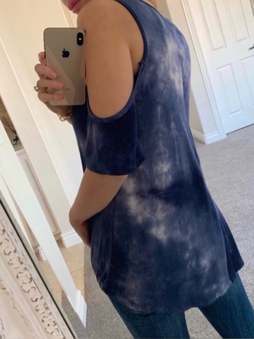 Blue Tie Dye Cold Shoulder Draped Short Sleeve Top / Small / WORN ONCE! 💙🤍 - Picture 3 of 6